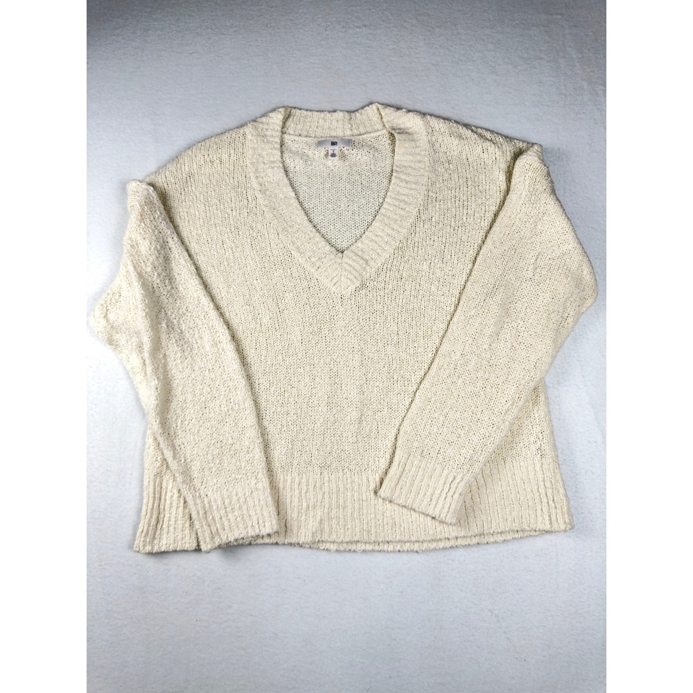 BP Ivory V-Neck Knit Sweater Womens Small Cream Cotton Blend Pullover RN58665